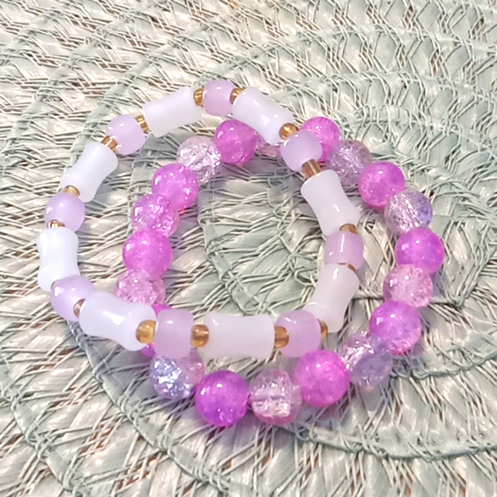 Two Purple and White Beaded Bracelets